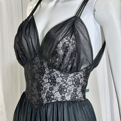 Rogers vintage 1950s Black Lace Nylon Nightgown Lingerie Slip Dress