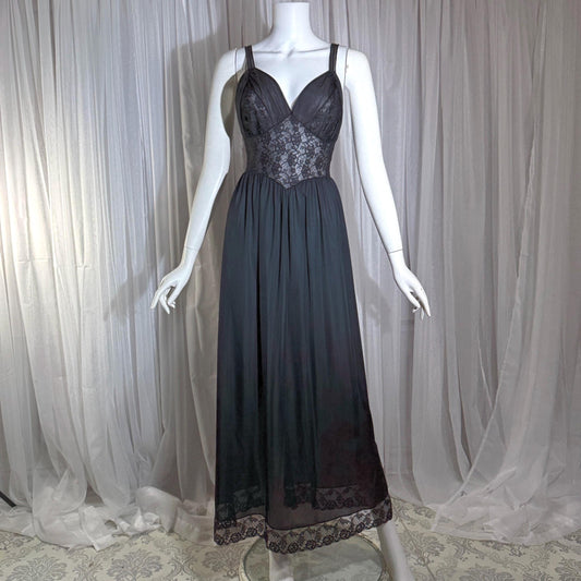 Rogers vintage 1950s Black Lace Nylon Nightgown Lingerie Slip Dress
