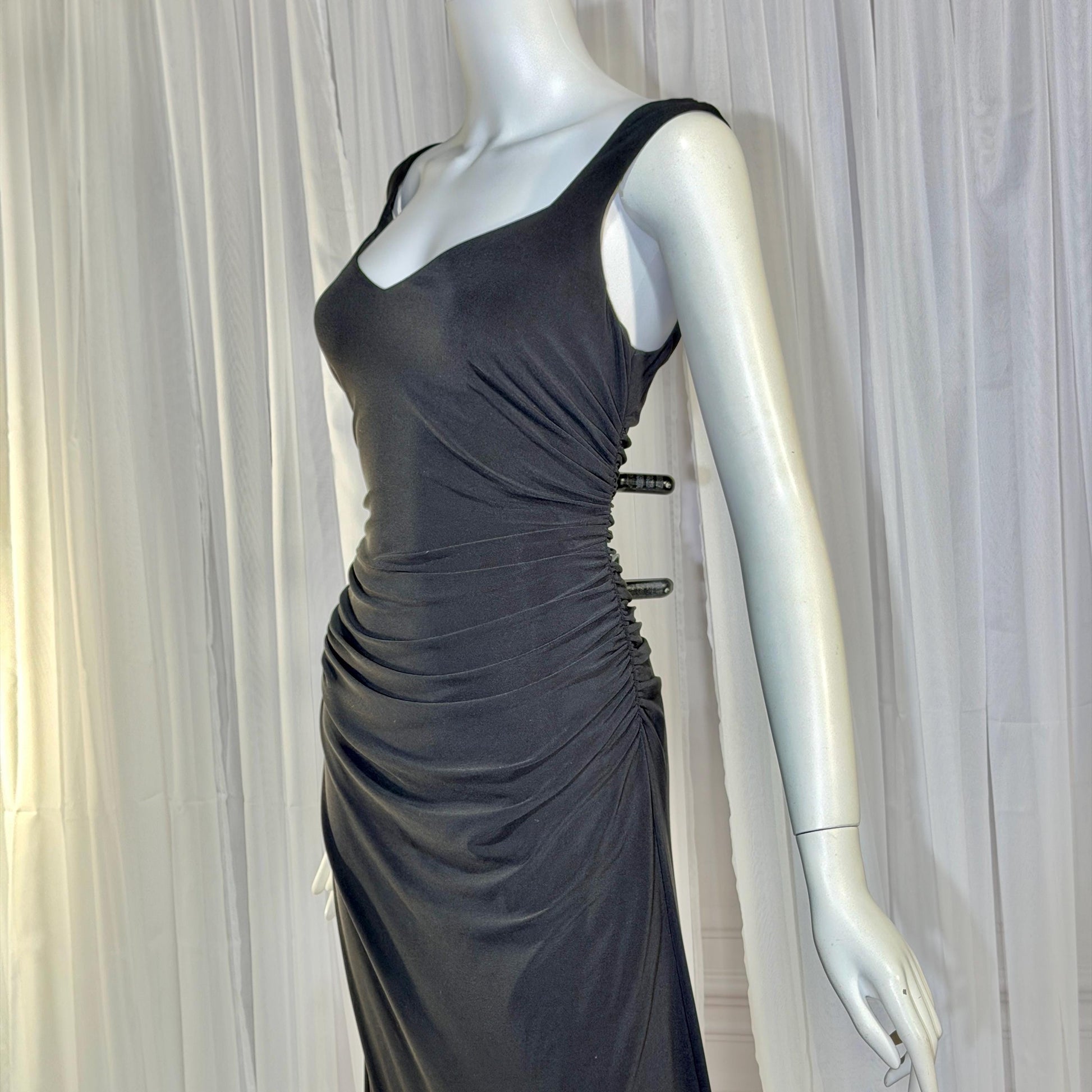 vintage evening bodycon gown dress, LAUNDRY 1990s Black Ruched Stretchy slip gown Medium