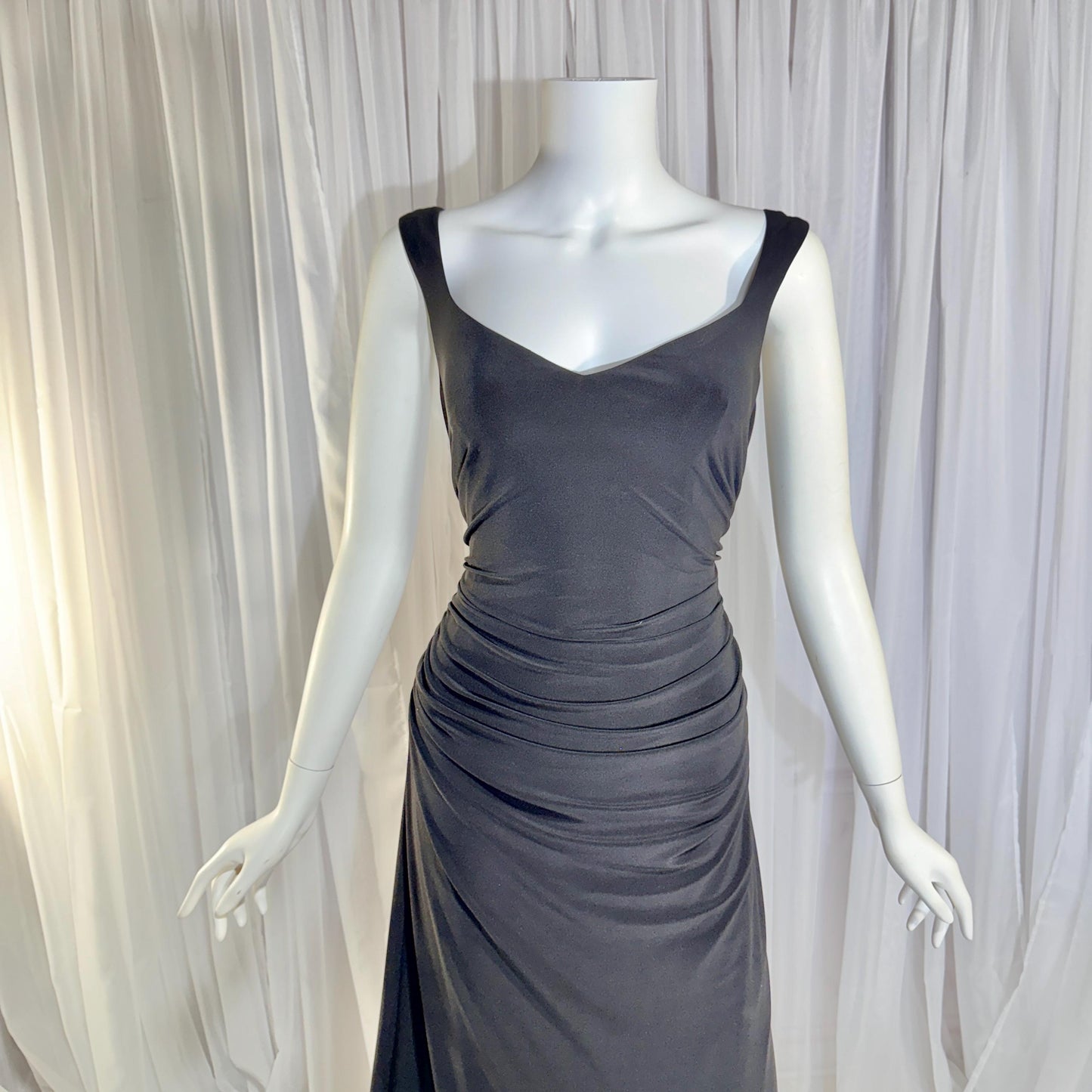 vintage evening bodycon gown dress, LAUNDRY 1990s Black Ruched Stretchy slip gown Medium