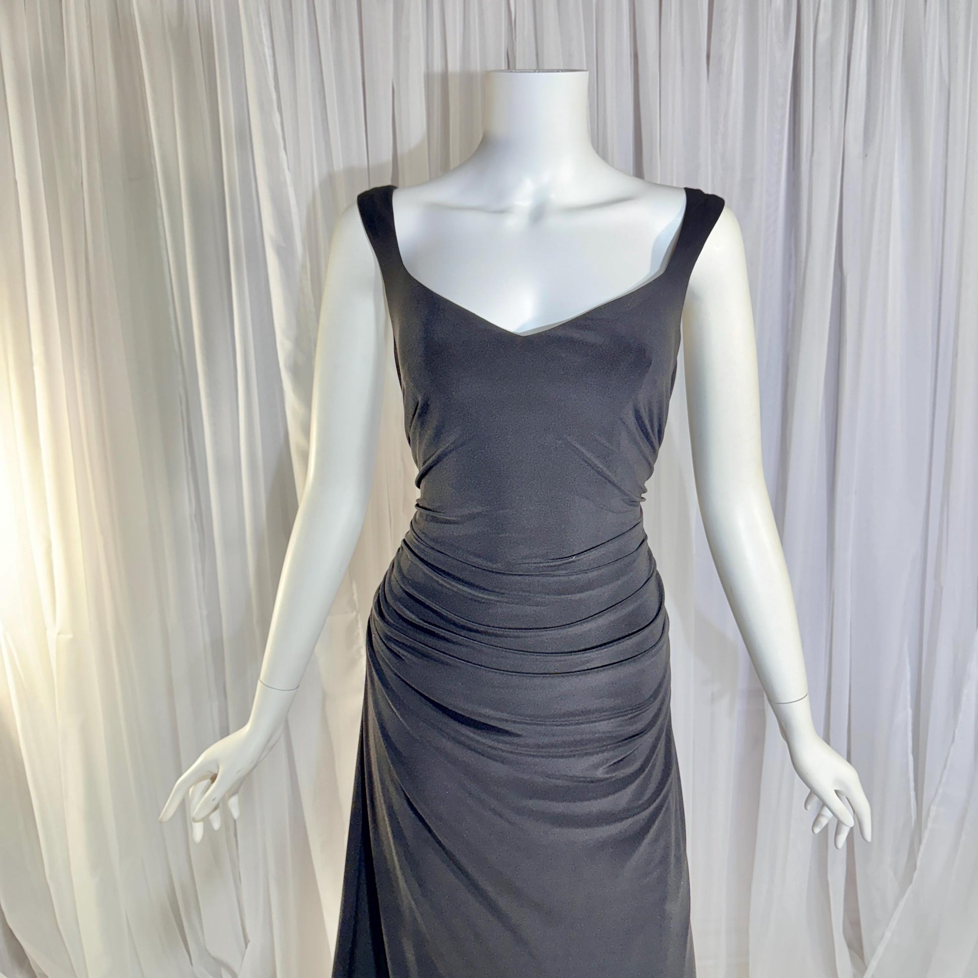 vintage evening bodycon gown dress, LAUNDRY 1990s Black Ruched Stretchy slip gown Medium