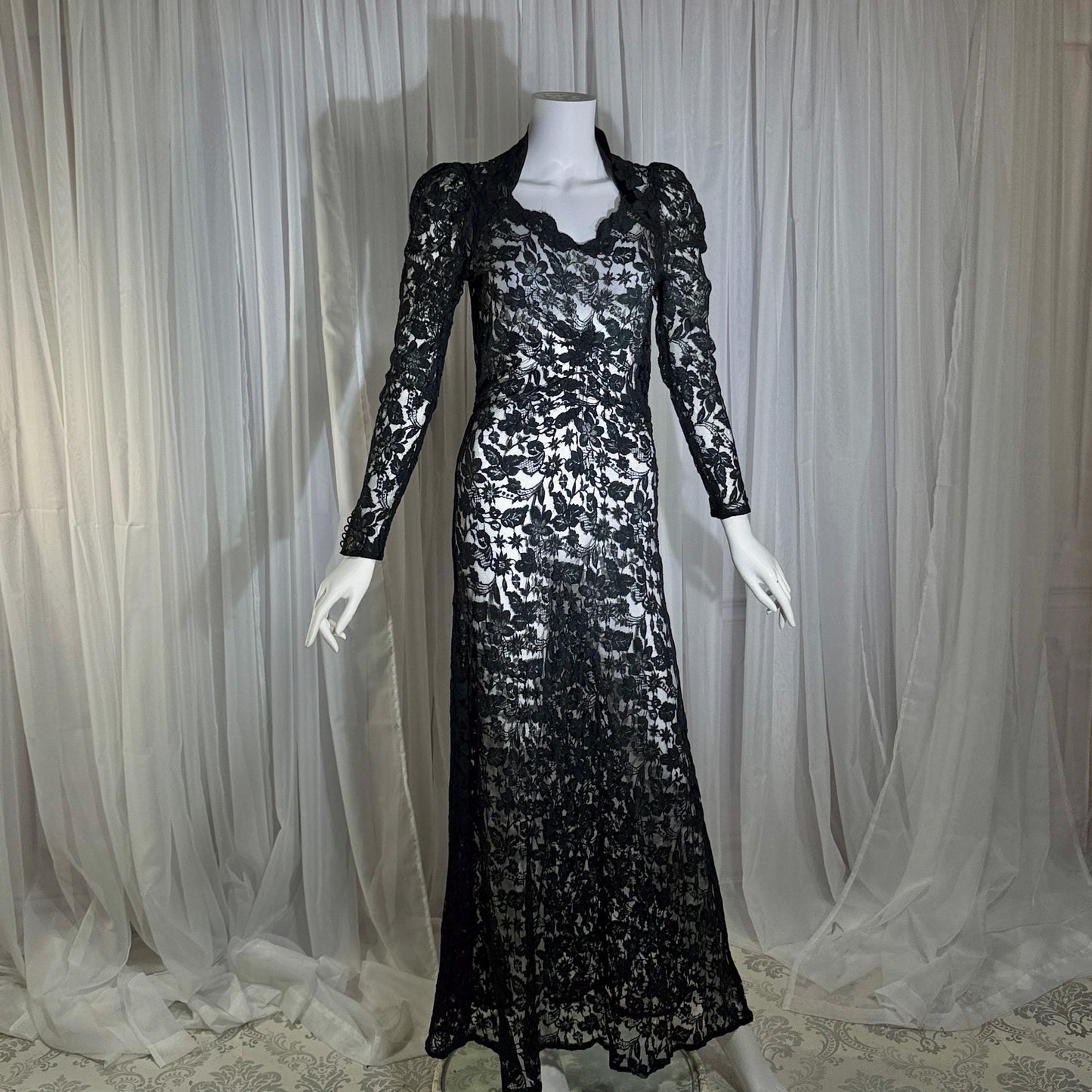 vintage 1930s evening dress, MITCHELL'S Better Dresses, totally sheer floral black lace gown