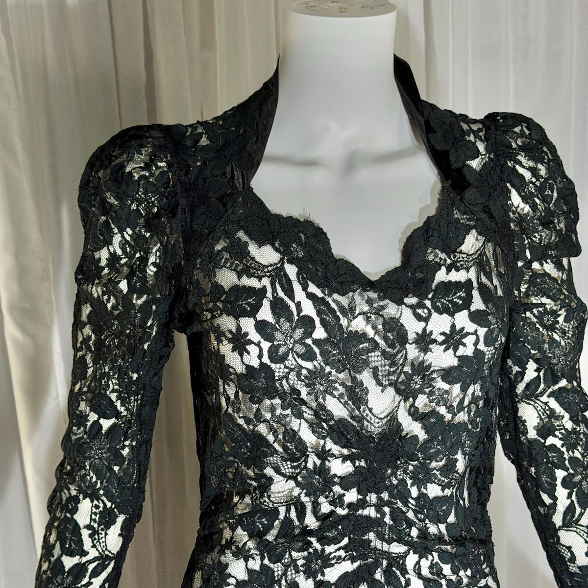 vintage 1930s evening dress, MITCHELL'S Better Dresses, totally sheer floral black lace gown