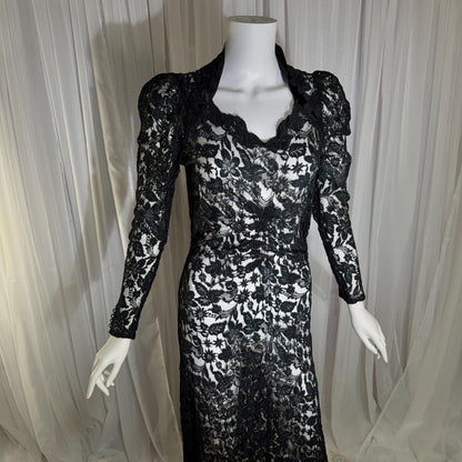 vintage 1930s evening dress, MITCHELL'S Better Dresses, totally sheer floral black lace gown