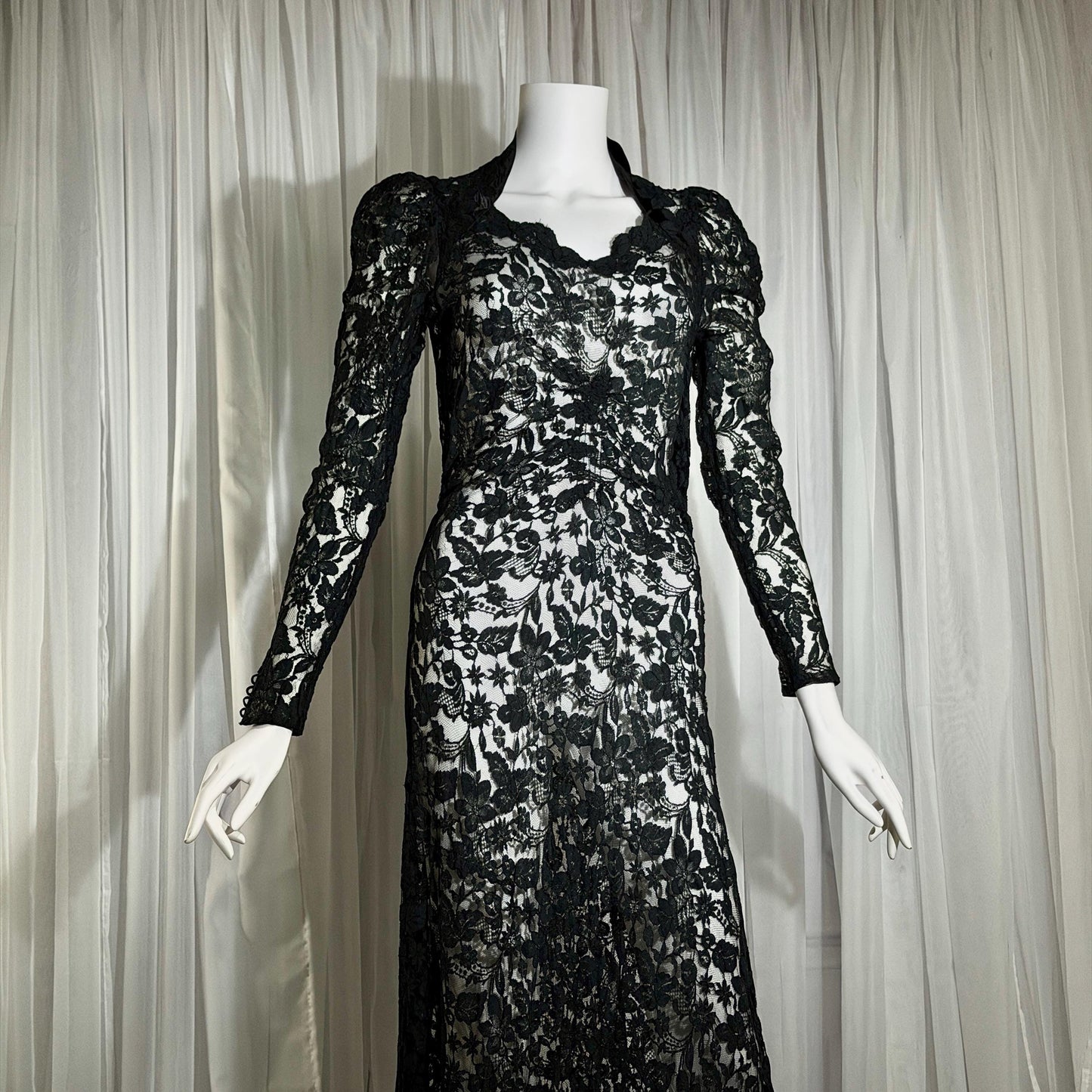 vintage 1930s evening dress, MITCHELL'S Better Dresses, totally sheer floral black lace gown