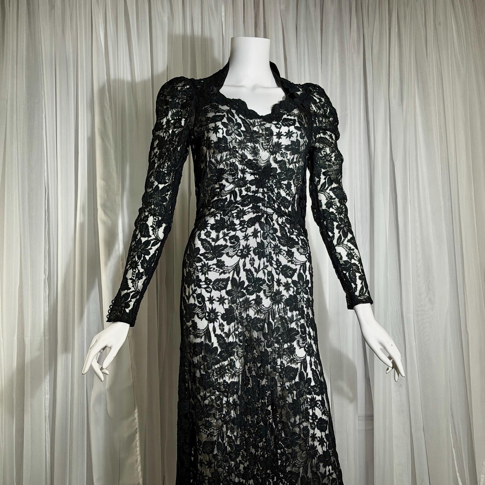 vintage 1930s evening dress, MITCHELL'S Better Dresses, totally sheer floral black lace gown