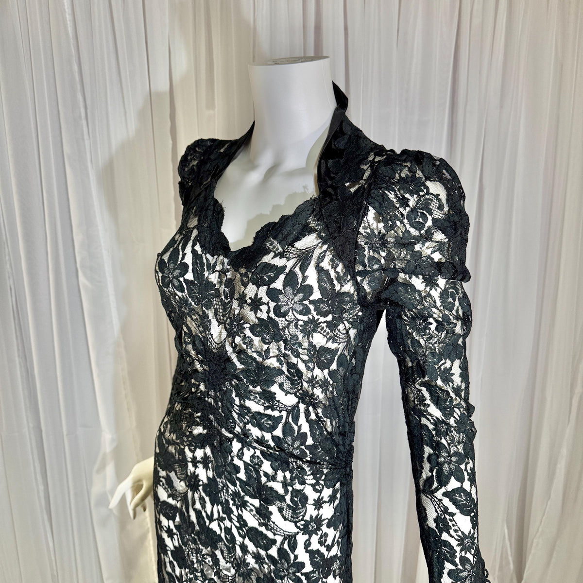 vintage 1930s evening dress, MITCHELL'S Better Dresses, totally sheer floral black lace gown