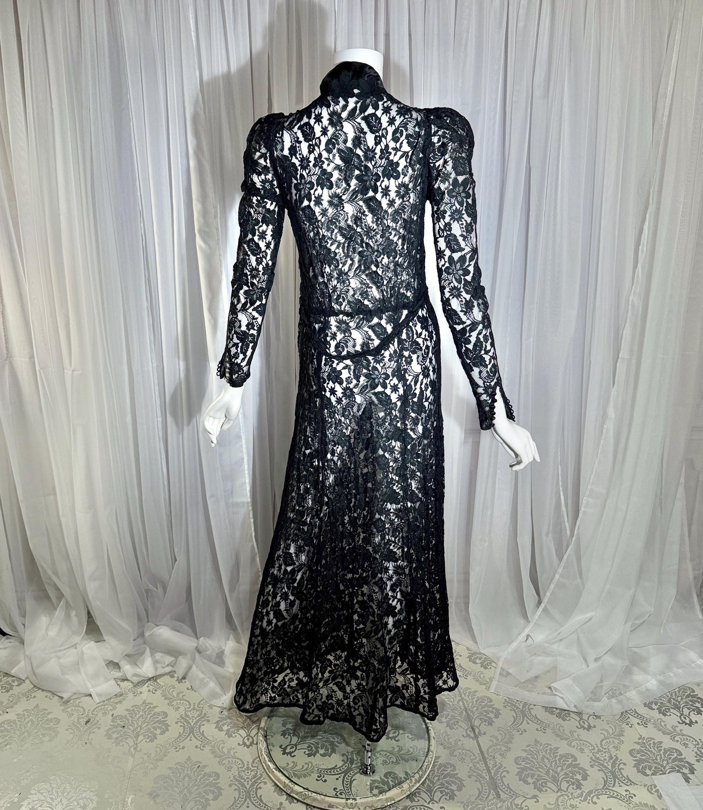 vintage 1930s evening dress, MITCHELL'S Better Dresses, totally sheer floral black lace gown