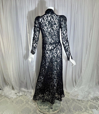 vintage 1930s evening dress, MITCHELL'S Better Dresses, totally sheer floral black lace gown