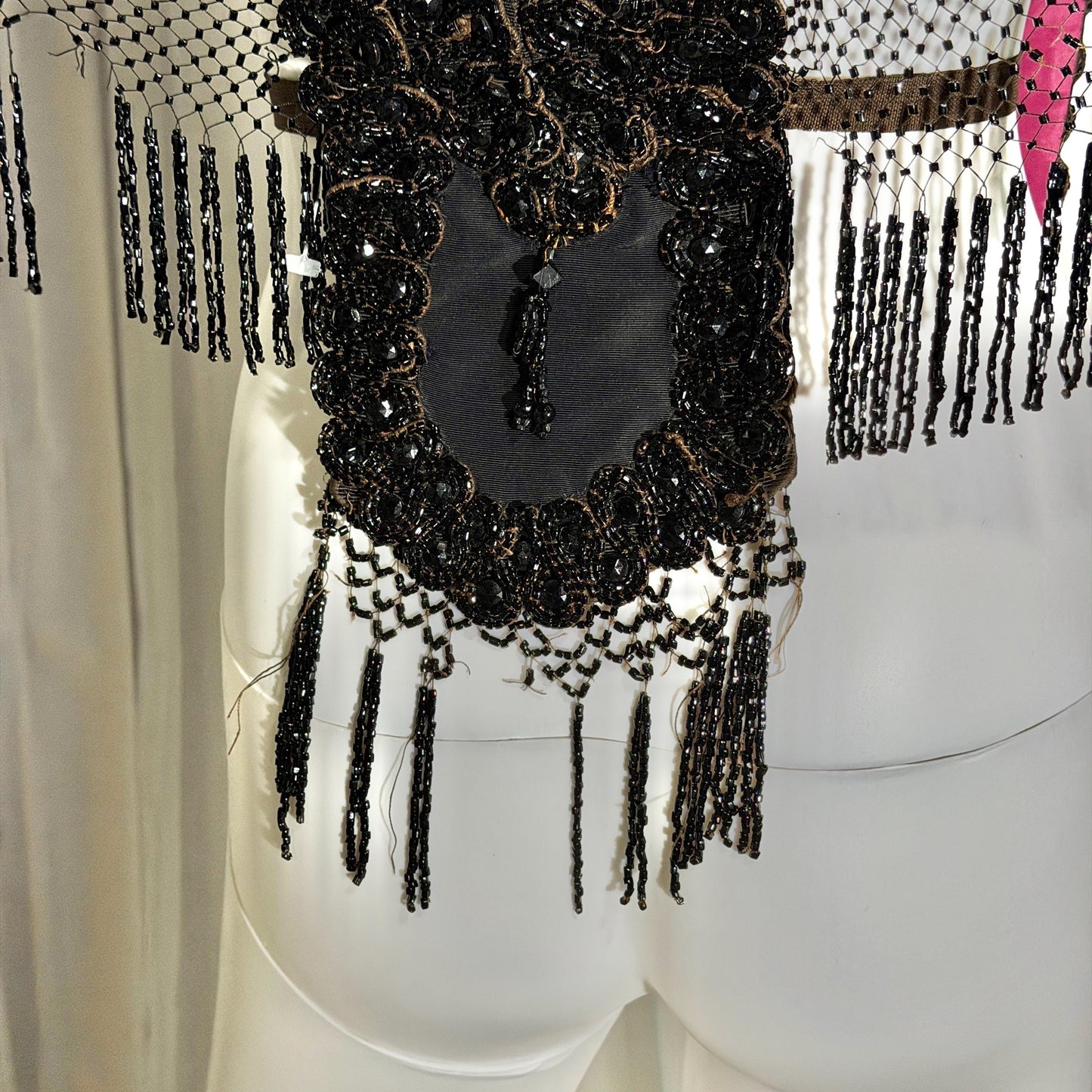 Antique Victorian Mantelet, 1800s Black Beaded Fringed capelet, shawl, wrap with lappets