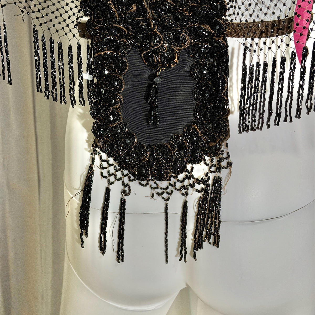 Antique Victorian Mantelet, 1800s Black Beaded Fringed capelet, shawl, wrap with lappets