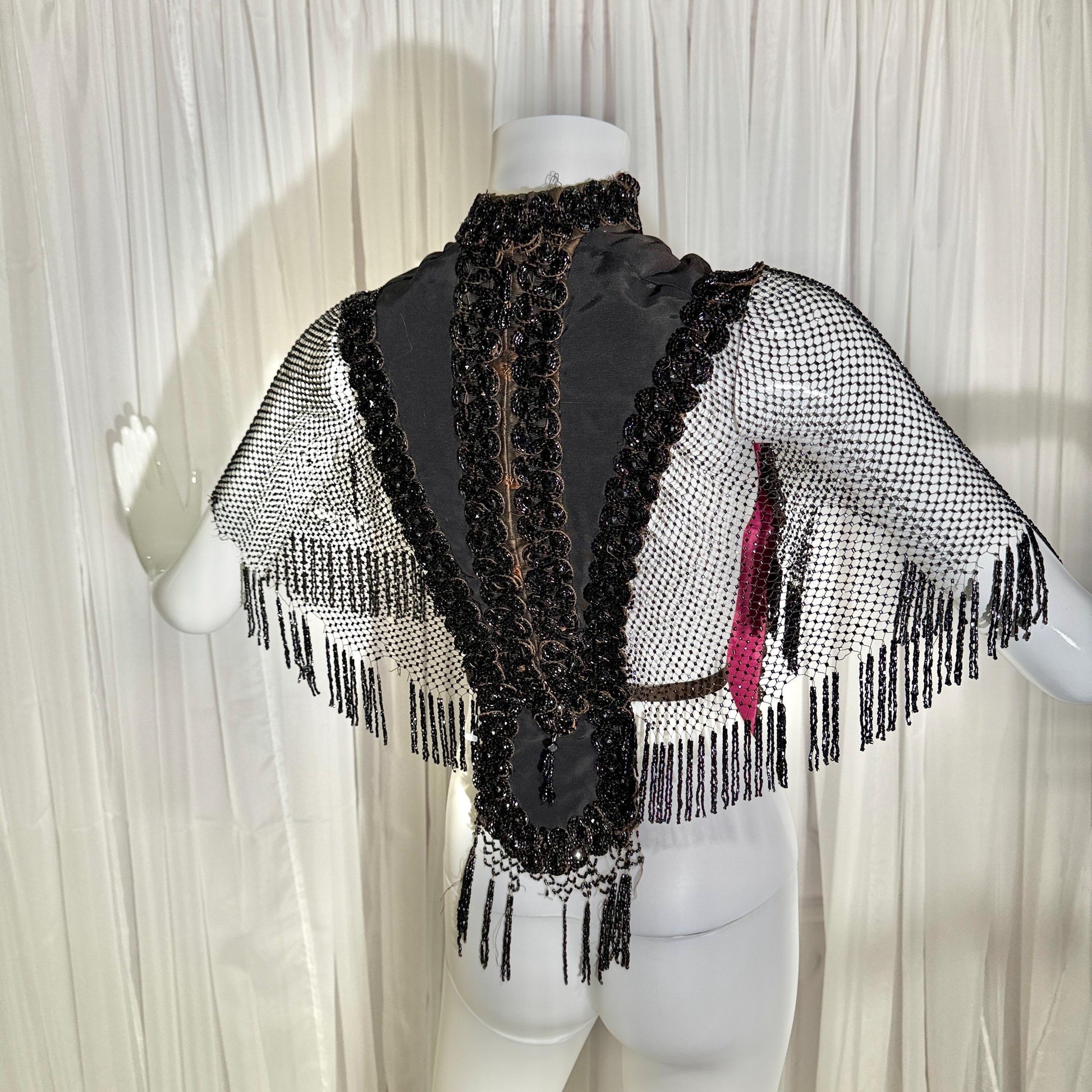 Antique Victorian Mantelet, 1800s Black Beaded Fringed capelet, shawl, wrap with lappets
