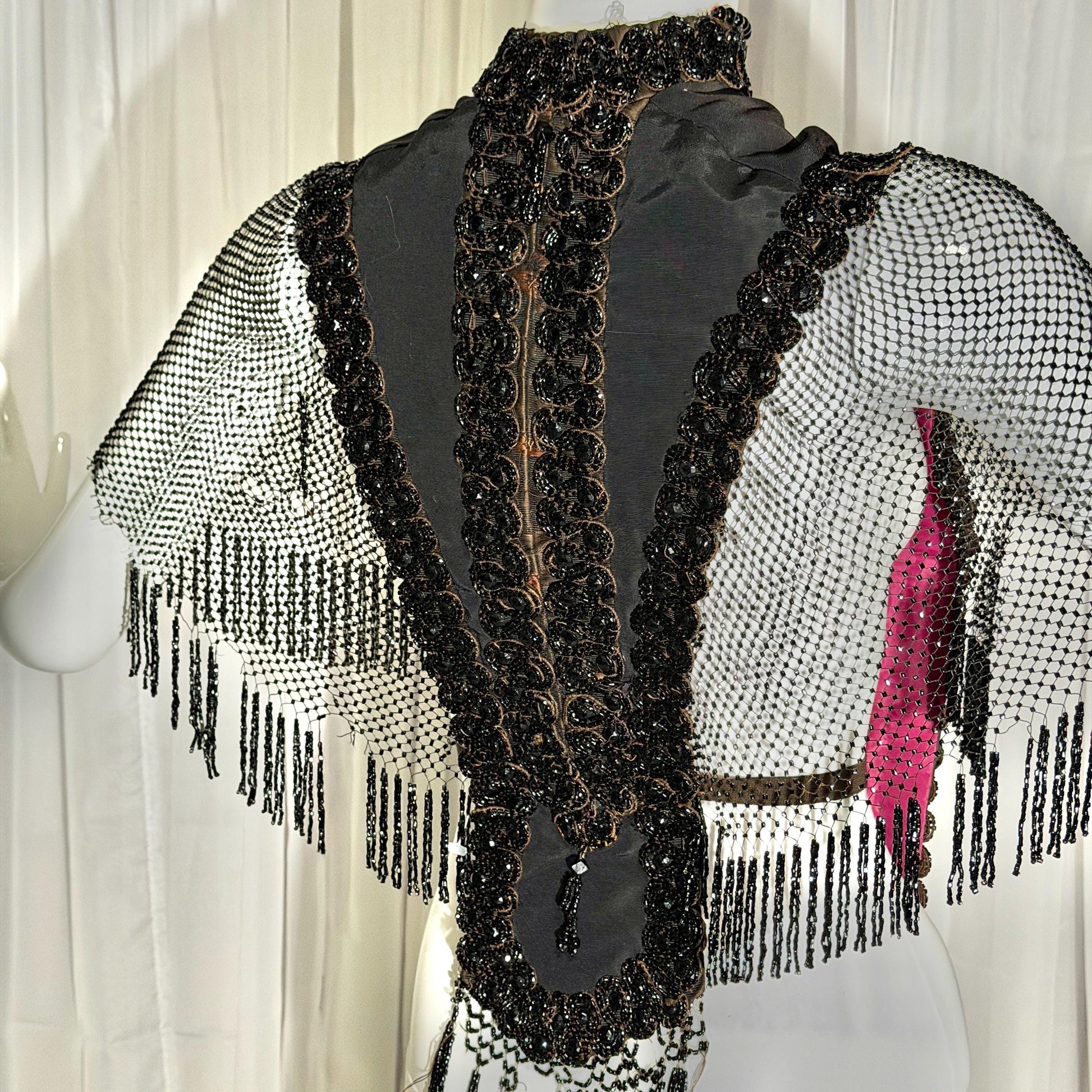 Antique Victorian Mantelet, 1800s Black Beaded Fringed capelet, shawl, wrap with lappets