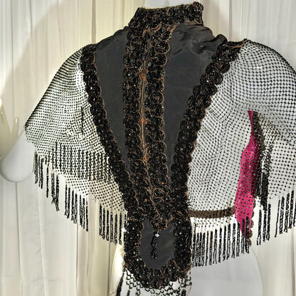 Antique Victorian Mantelet, 1800s Black Beaded Fringed capelet, shawl, wrap with lappets