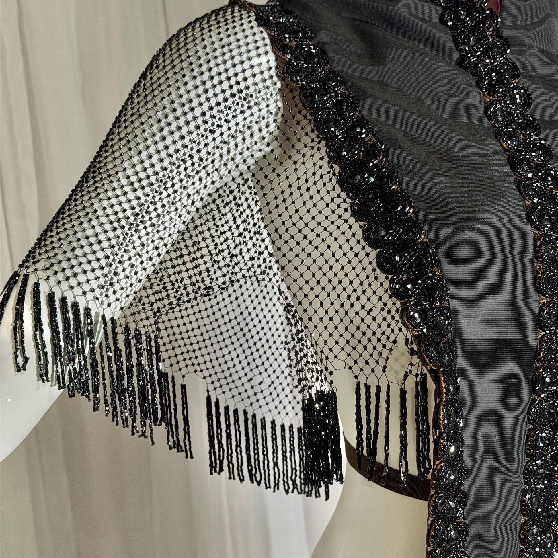 Antique Victorian Mantelet, 1800s Black Beaded Fringed capelet, shawl, wrap with lappets