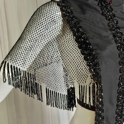 Antique Victorian Mantelet, 1800s Black Beaded Fringed capelet, shawl, wrap with lappets