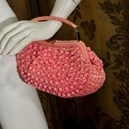 vintage 1960s Beaded Handbag purse, MARCUS Bros. Miami Pink Candy Bead and Rafia top handle frame bag