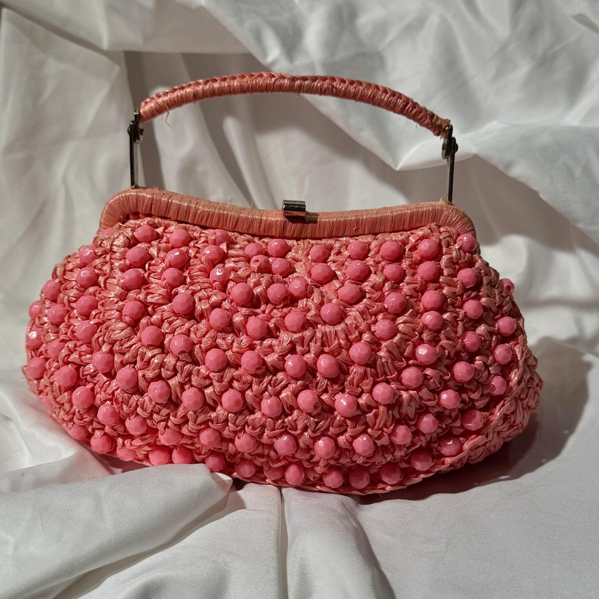 vintage 1960s Beaded Handbag purse, MARCUS Bros. Miami Pink Candy Bead and Rafia top handle frame bag
