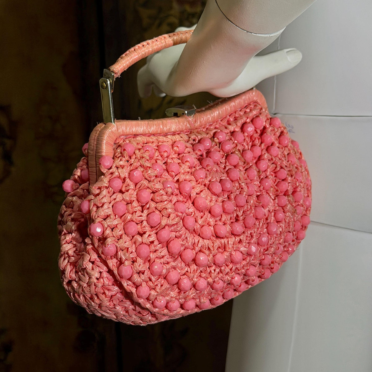 vintage 1960s Beaded Handbag purse, MARCUS Bros. Miami Pink Candy Bead and Rafia top handle frame bag