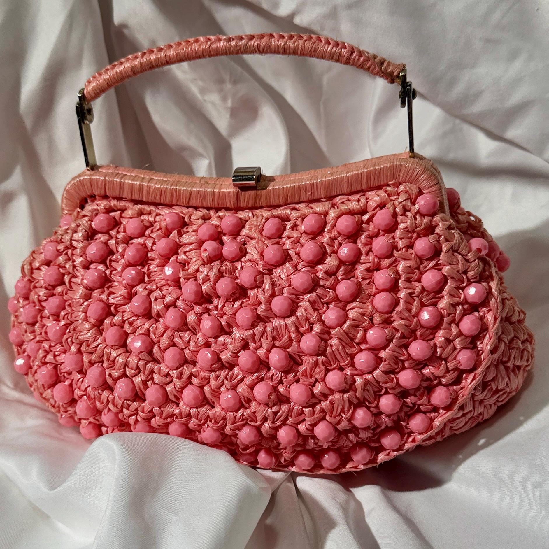 vintage 1960s Beaded Handbag purse, MARCUS Bros. Miami Pink Candy Bead and Rafia top handle frame bag