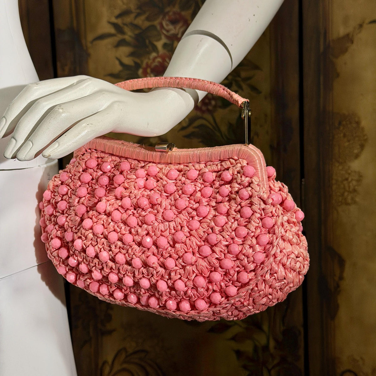 vintage 1960s Beaded Handbag purse, MARCUS Bros. Miami Pink Candy Bead and Rafia top handle frame bag