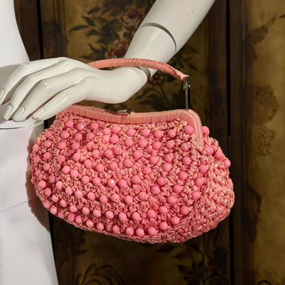 vintage 1960s Beaded Handbag purse, MARCUS Bros. Miami Pink Candy Bead and Rafia top handle frame bag