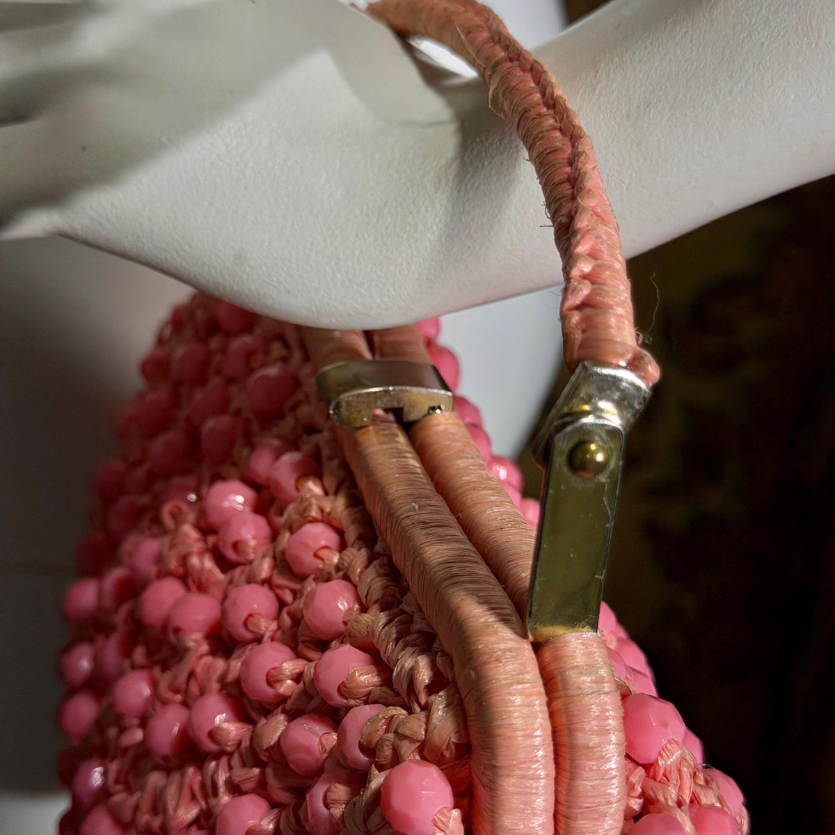 vintage 1960s Beaded Handbag purse, MARCUS Bros. Miami Pink Candy Bead and Rafia top handle frame bag
