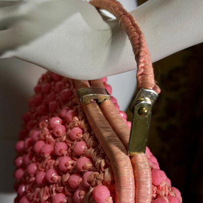 vintage 1960s Beaded Handbag purse, MARCUS Bros. Miami Pink Candy Bead and Rafia top handle frame bag