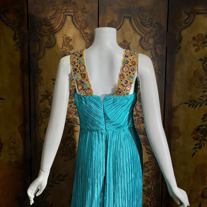 vintage MARY MCFADDEN COUTURE evening gown, 1980s turquoise blue beaded gown