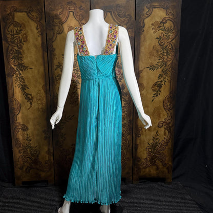 vintage MARY MCFADDEN COUTURE evening gown, 1980s turquoise blue beaded gown