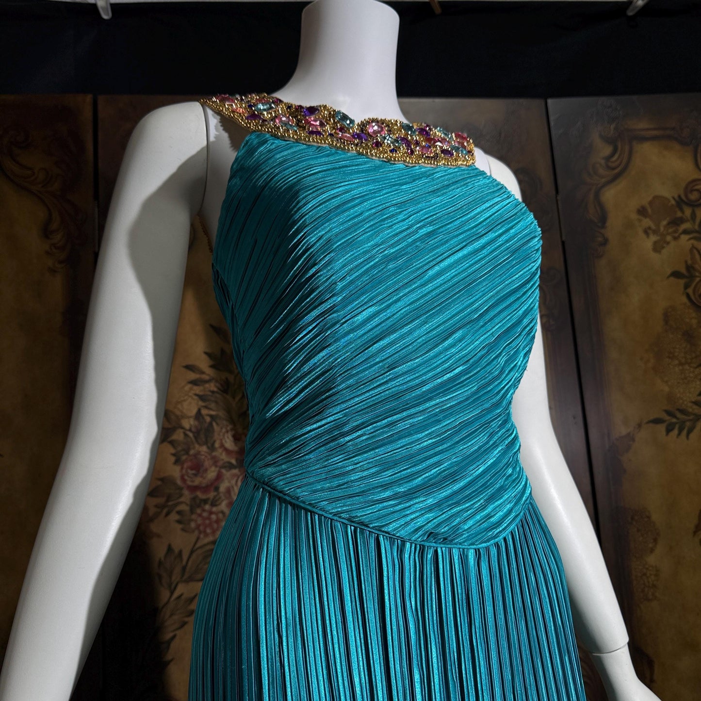 vintage MARY MCFADDEN COUTURE evening gown, 1980s turquoise blue beaded gown