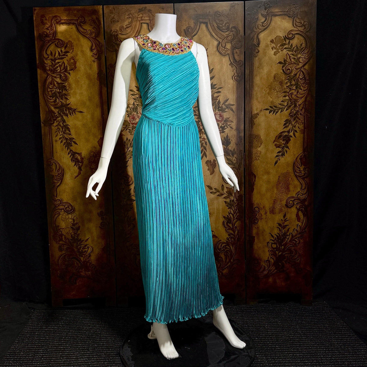 vintage MARY MCFADDEN COUTURE evening gown, 1980s turquoise blue beaded gown