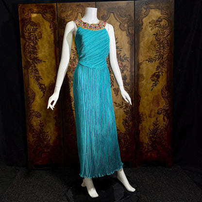 vintage MARY MCFADDEN COUTURE evening gown, 1980s turquoise blue beaded gown