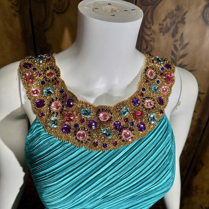vintage MARY MCFADDEN COUTURE evening gown, 1980s turquoise blue beaded gown