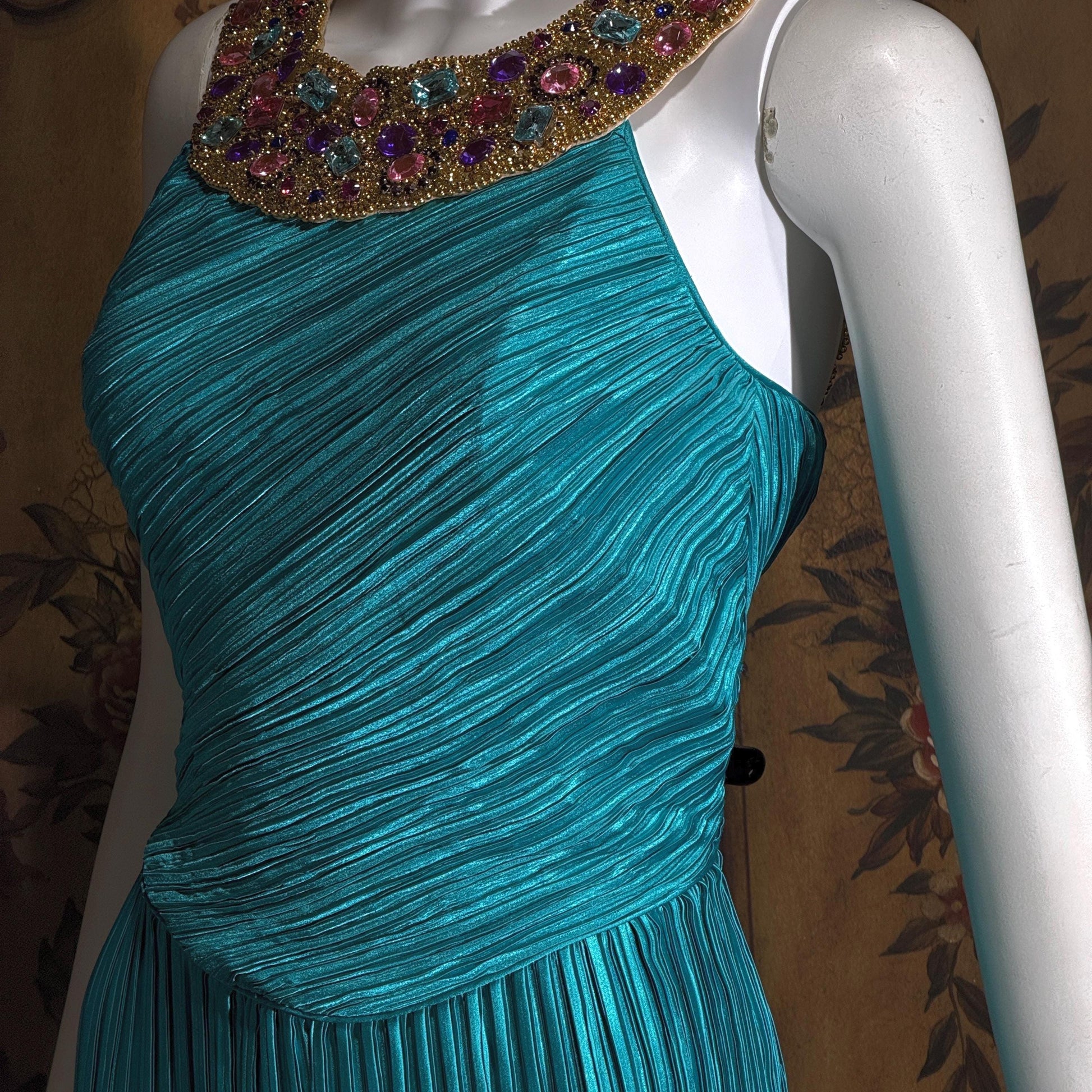 vintage MARY MCFADDEN COUTURE evening gown, 1980s turquoise blue beaded gown