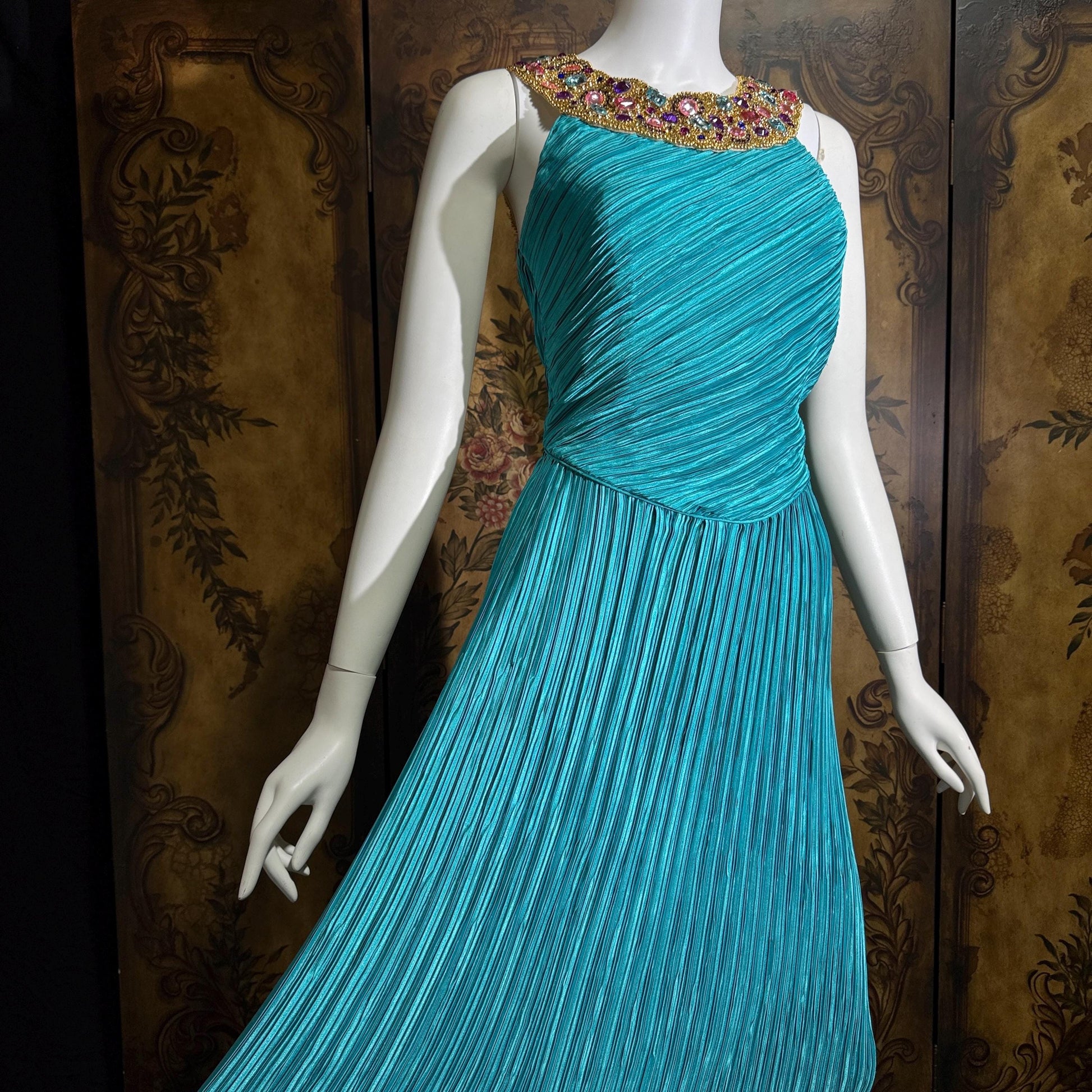 vintage MARY MCFADDEN COUTURE evening gown, 1980s turquoise blue beaded gown