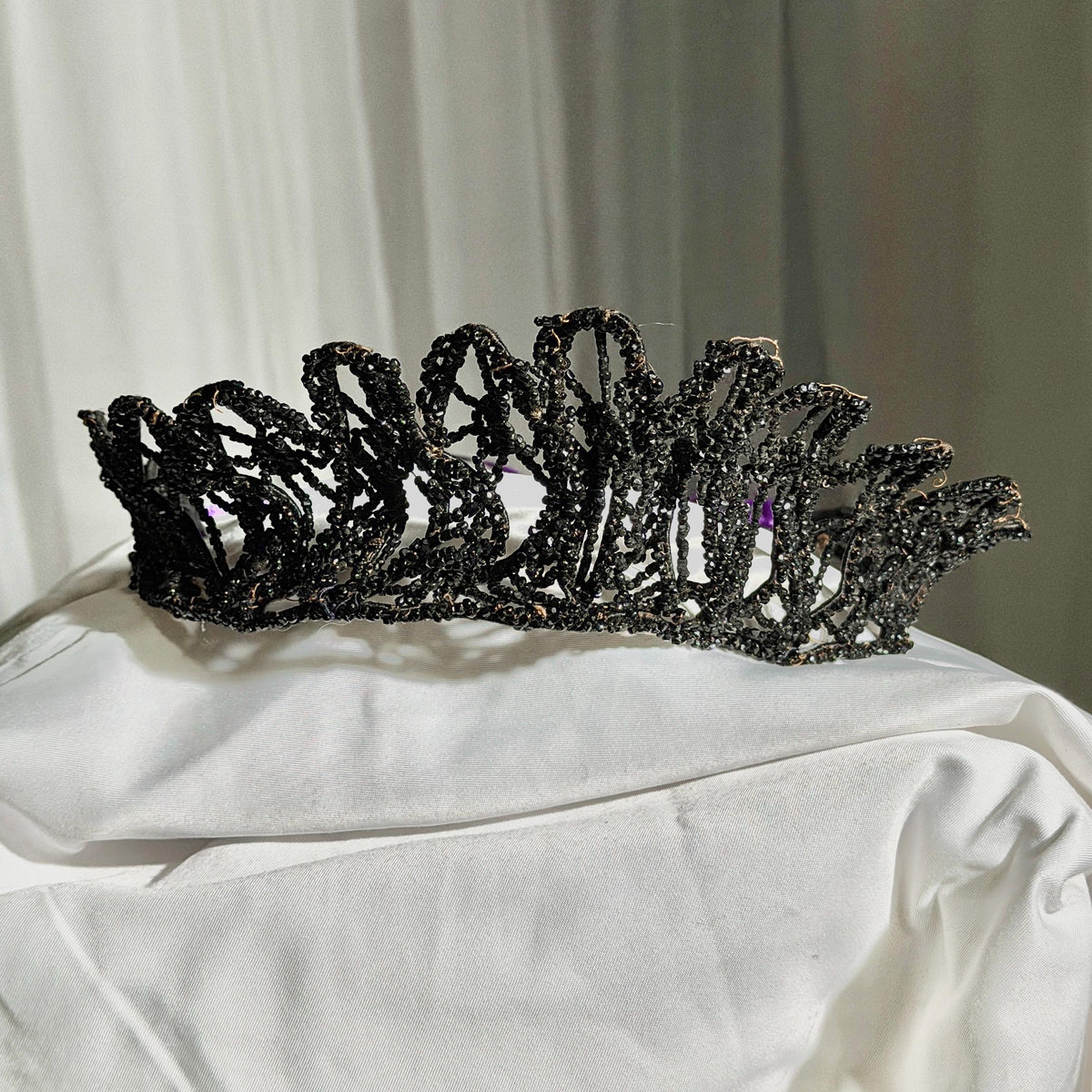 Antique Victorian jet crown, Mourning tiara wired stiff black jet beads 1800s downton abbey