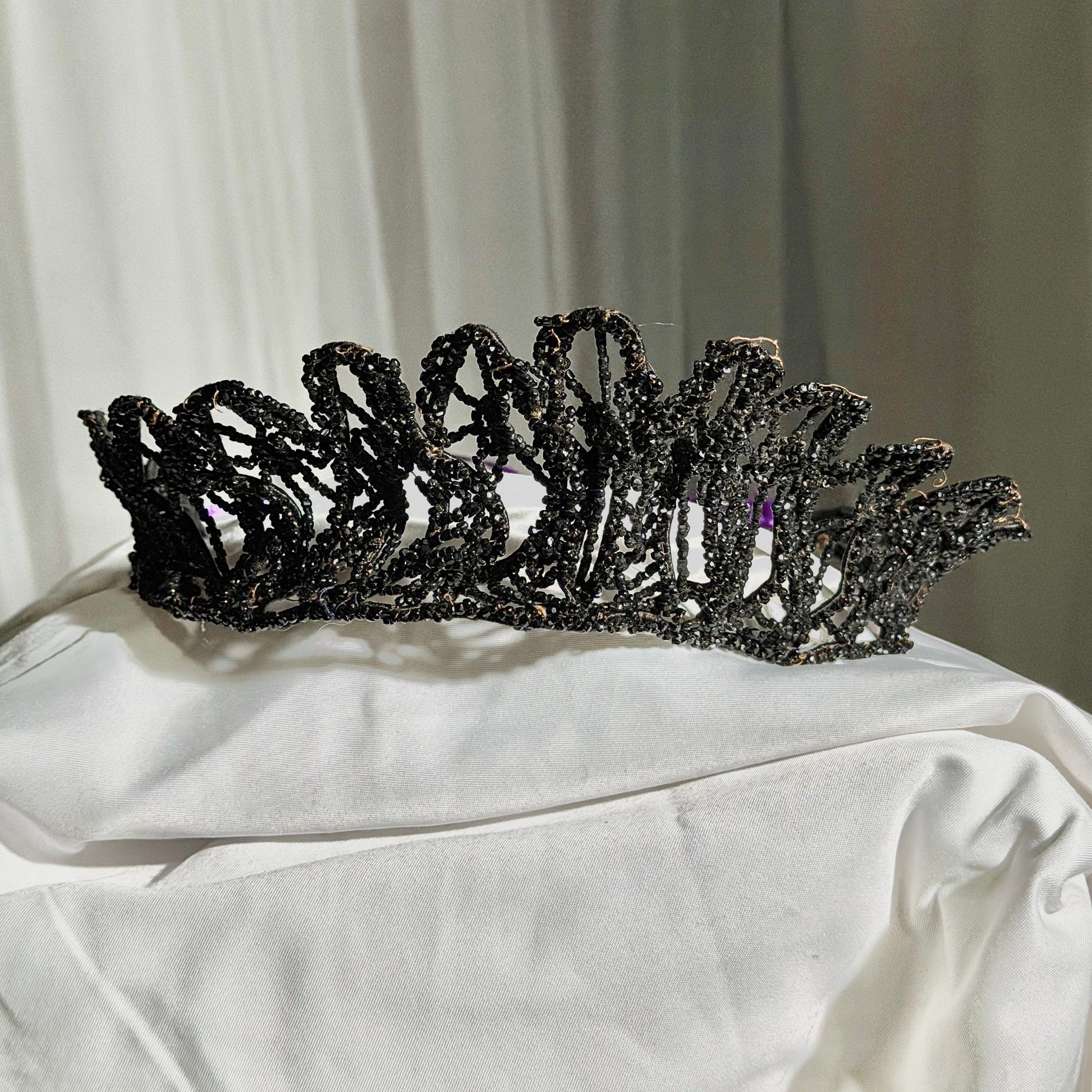 Antique Victorian jet crown, Mourning tiara wired stiff black jet beads 1800s downton abbey