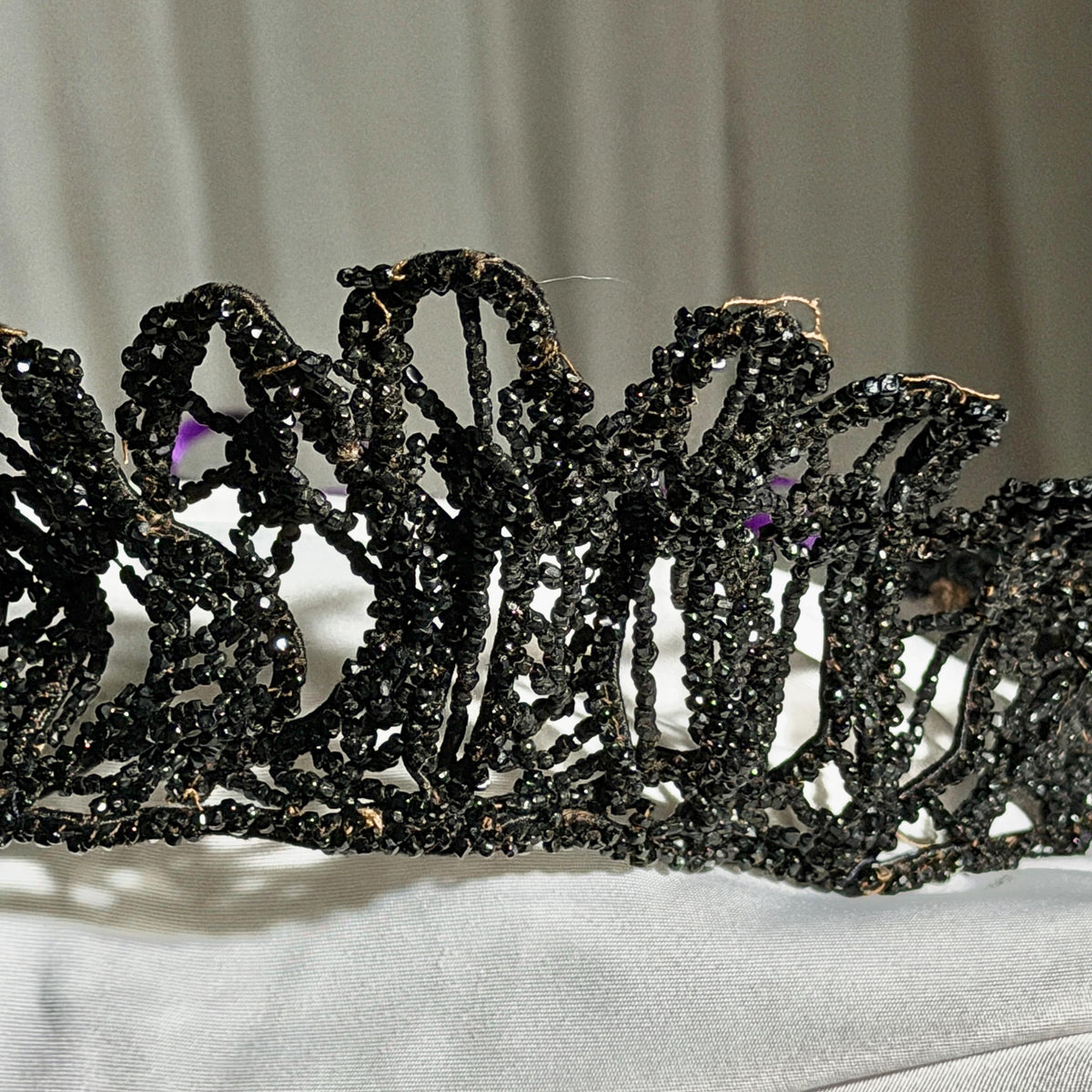 Antique Victorian jet crown, Mourning tiara wired stiff black jet beads 1800s downton abbey