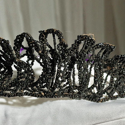 Antique Victorian jet crown, Mourning tiara wired stiff black jet beads 1800s downton abbey
