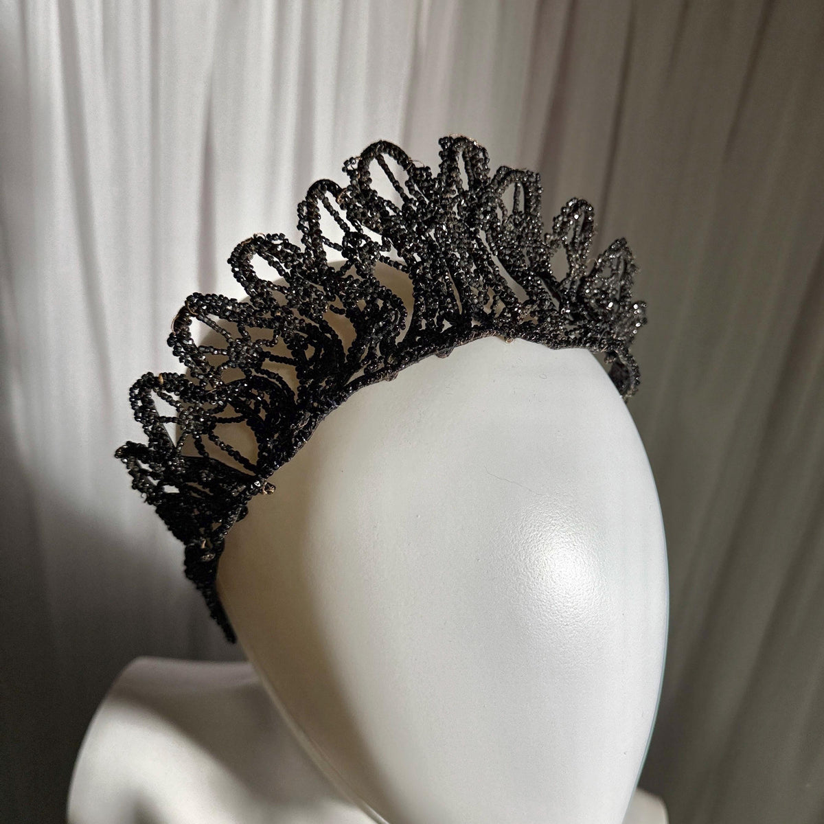 Antique Victorian jet crown, Mourning tiara wired stiff black jet beads 1800s downton abbey