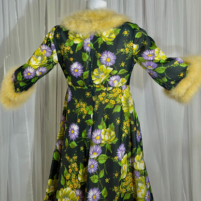 vintage dressing gown robe, POGINA 1970s Floral Nylon Housecoat with feather trim