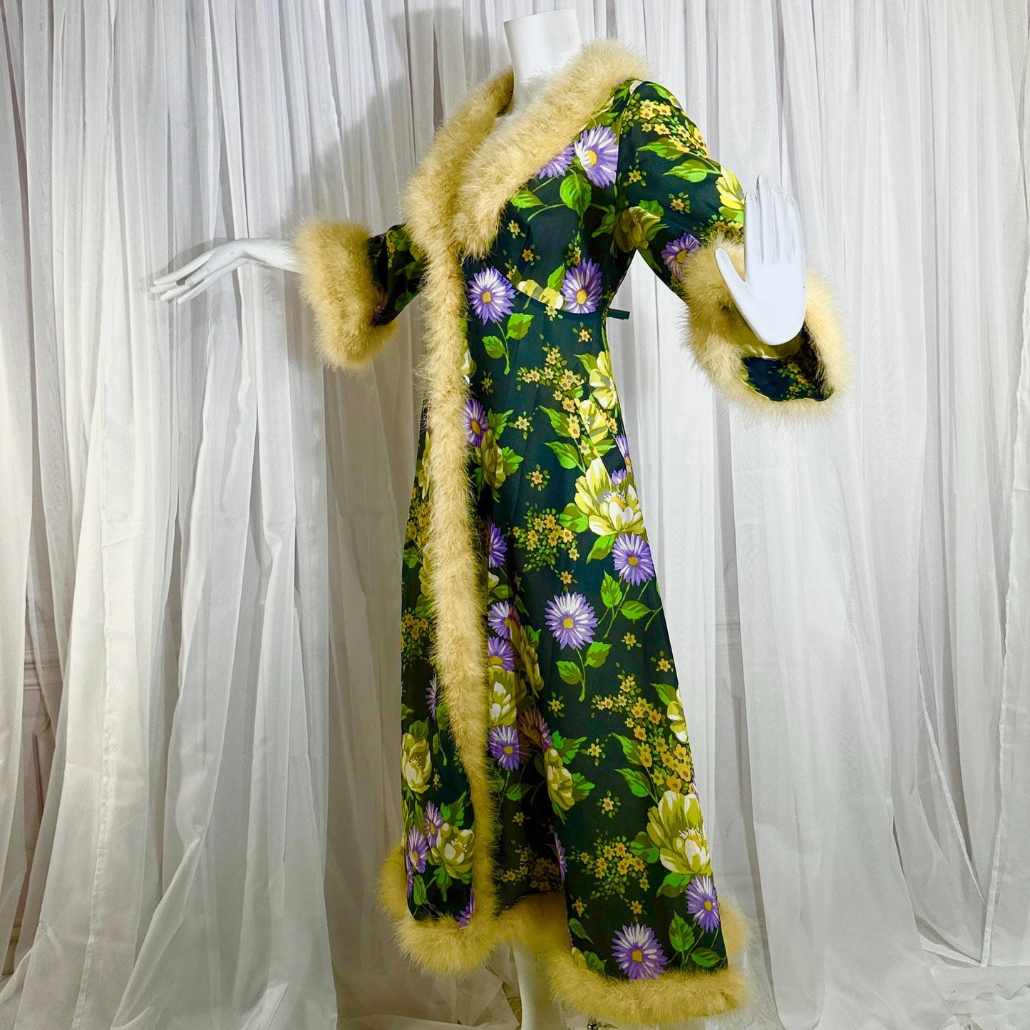 vintage dressing gown robe, POGINA 1970s Floral Nylon Housecoat with feather trim