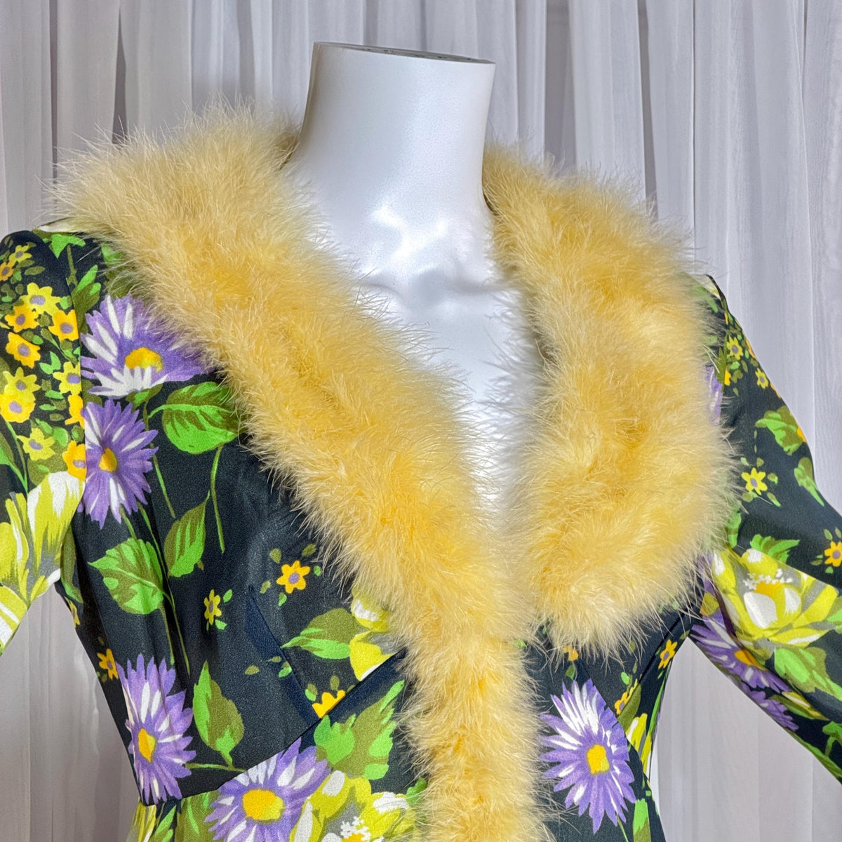 vintage dressing gown robe, POGINA 1970s Floral Nylon Housecoat with feather trim