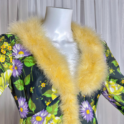 vintage dressing gown robe, POGINA 1970s Floral Nylon Housecoat with feather trim