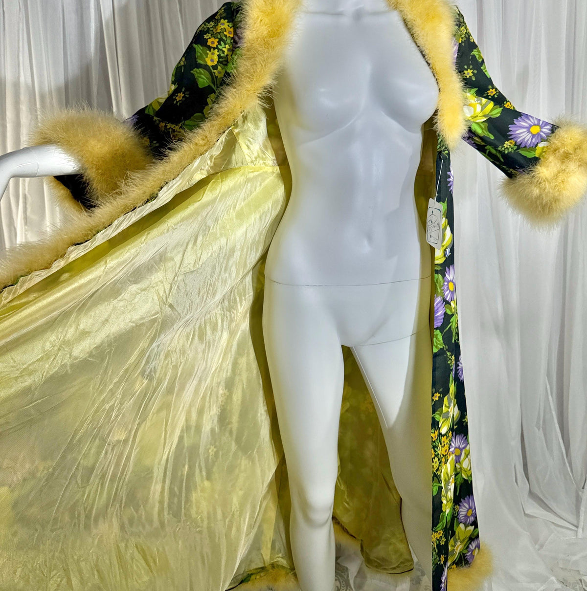 vintage dressing gown robe, POGINA 1970s Floral Nylon Housecoat with feather trim
