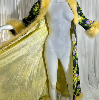 vintage dressing gown robe, POGINA 1970s Floral Nylon Housecoat with feather trim