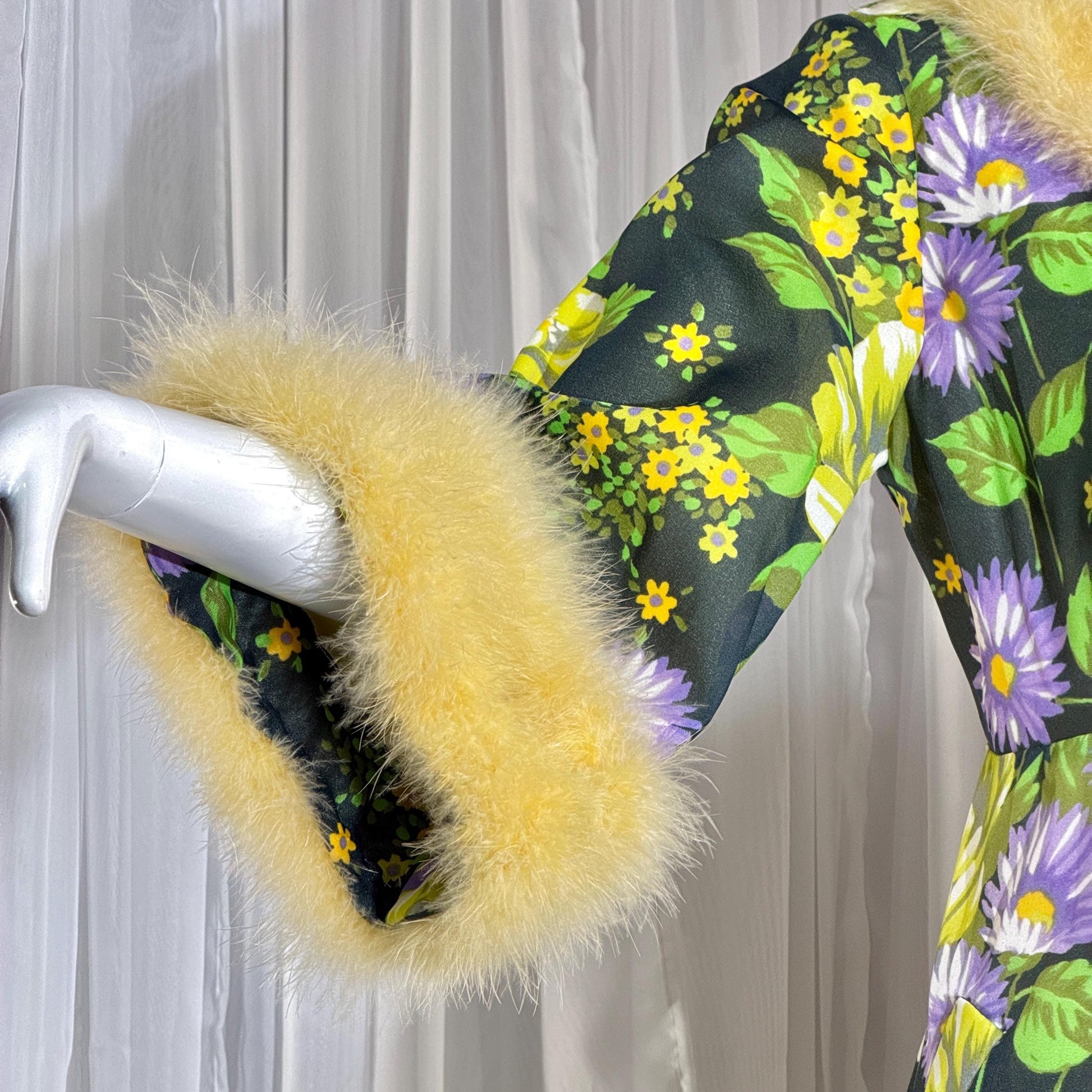 vintage dressing gown robe, POGINA 1970s Floral Nylon Housecoat with feather trim