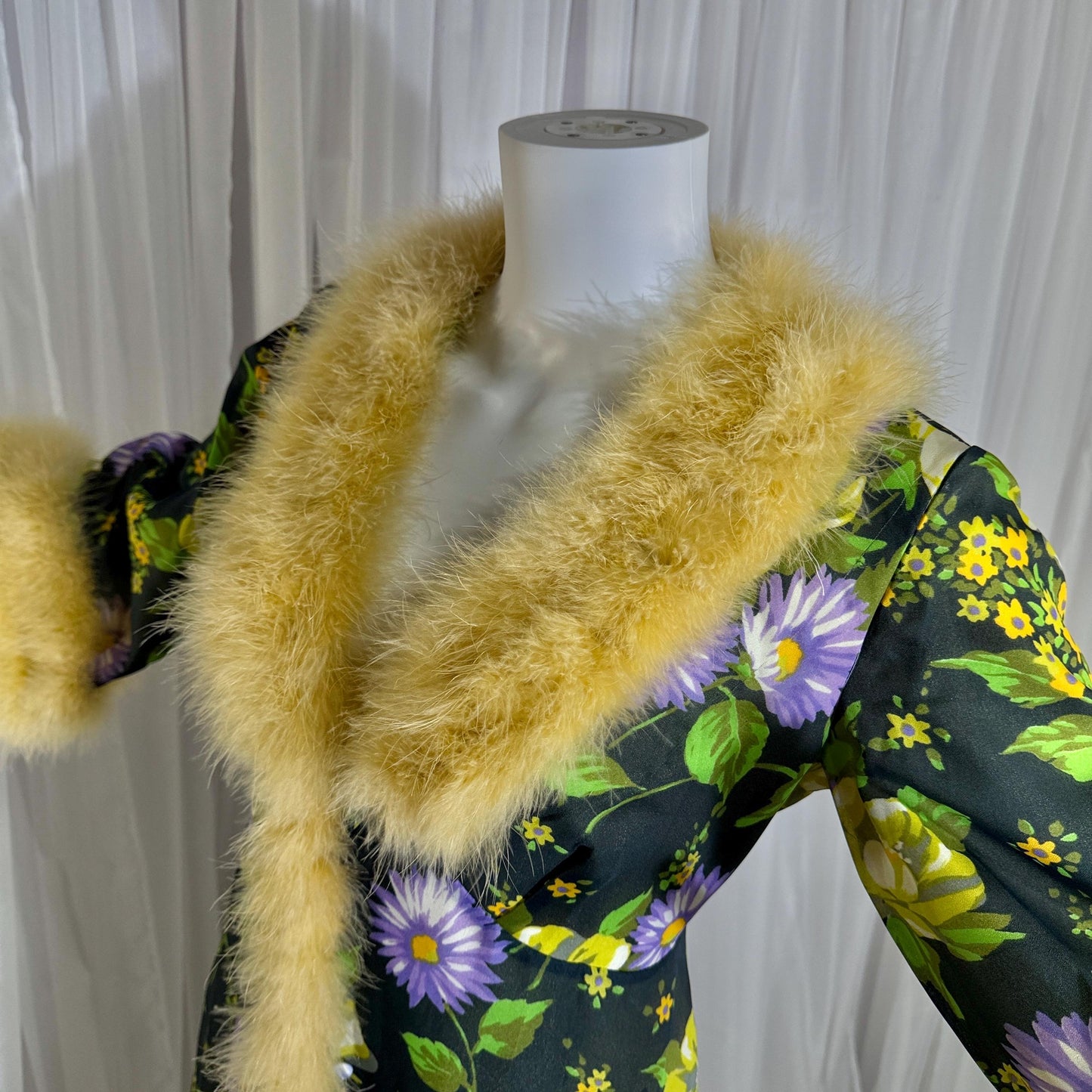 vintage dressing gown robe, POGINA 1970s Floral Nylon Housecoat with feather trim