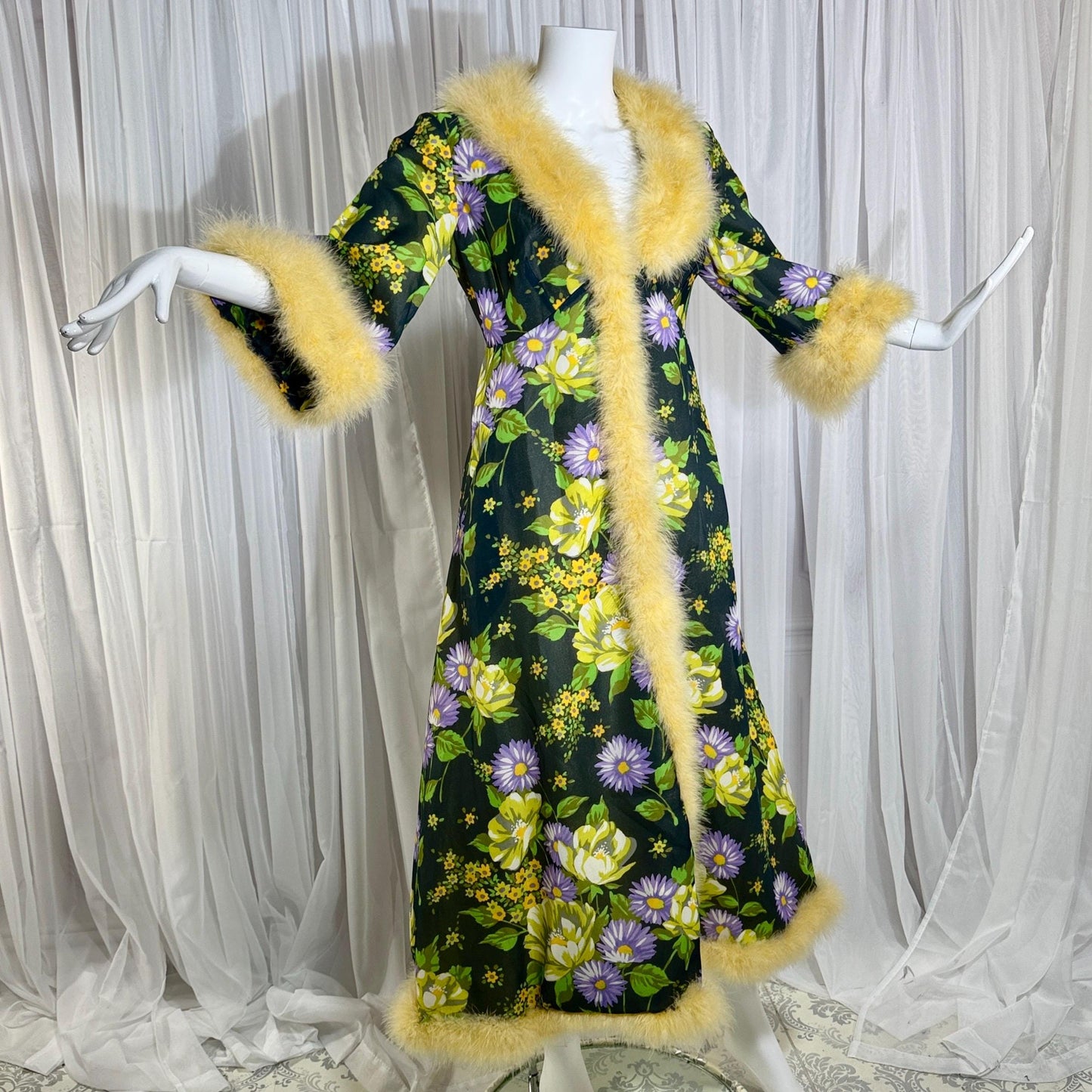 vintage dressing gown robe, POGINA 1970s Floral Nylon Housecoat with feather trim
